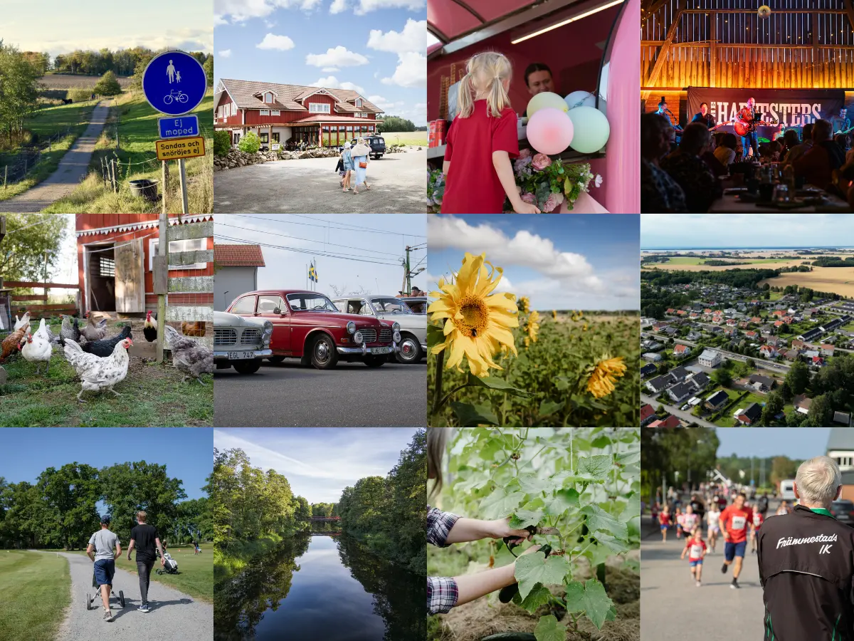 Många bilder från Grästorp i ett collage - människor, lantliga miljöer, drönarbilder, miljöbilder.